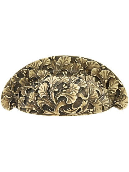 Ginkgo Leaf 4 inch Bin Pull in Antique Brass.